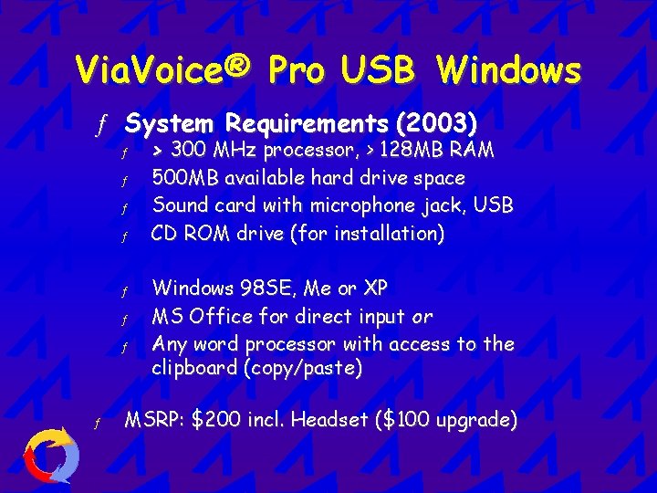 Via. Voice® Pro USB Windows ƒ System Requirements (2003) ƒ ƒ ƒ ƒ >