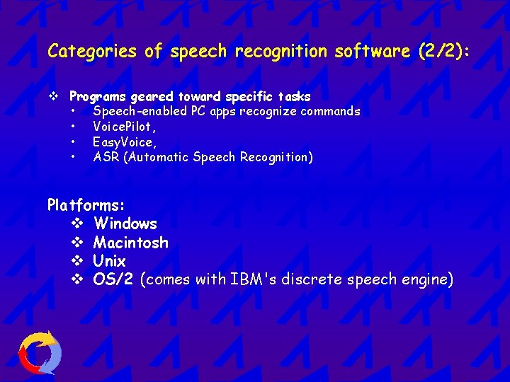 Categories of speech recognition software (2/2): v Programs geared toward specific tasks • Speech-enabled