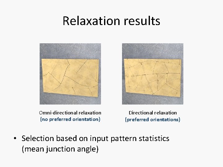 Relaxation results Omni-directional relaxation (no preferred orientation) Directional relaxation (preferred orientations) • Selection based