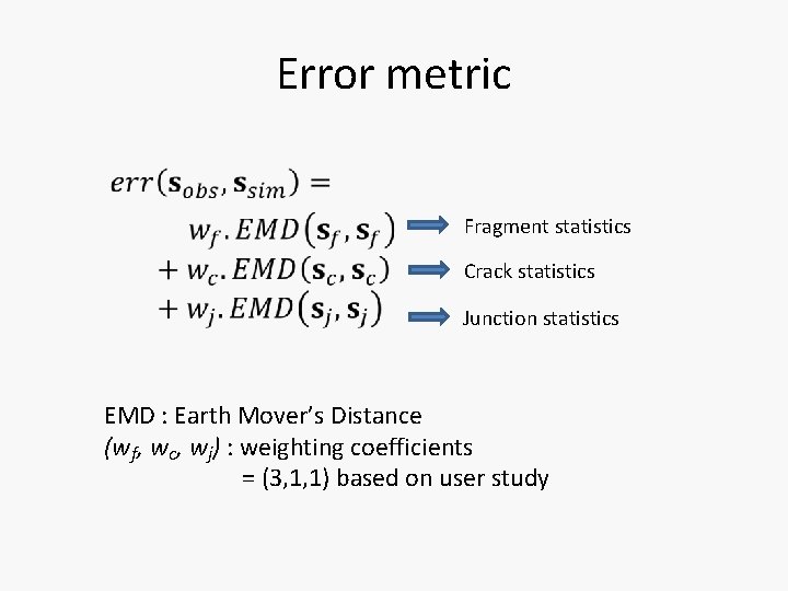 Error metric • Fragment statistics Crack statistics Junction statistics EMD : Earth Mover’s Distance