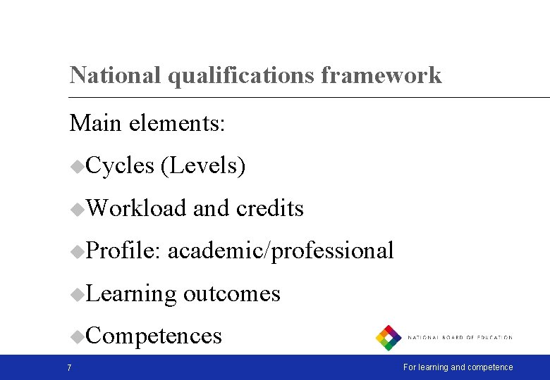 National qualifications framework Main elements: u. Cycles (Levels) u. Workload u. Profile: and credits