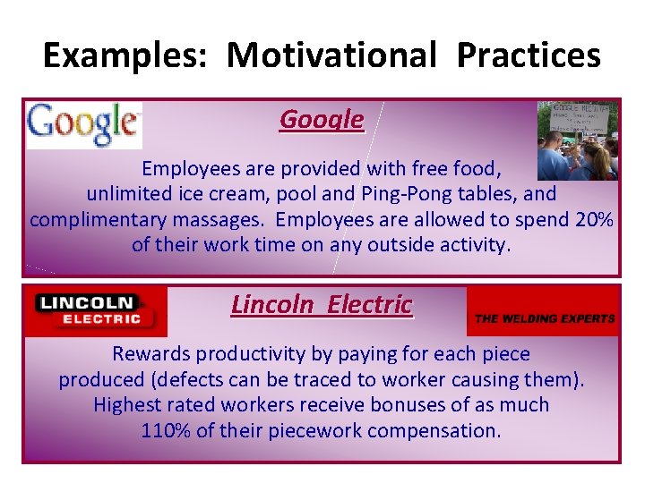 Examples: Motivational Practices Google Employees are provided with free food, unlimited ice cream, pool