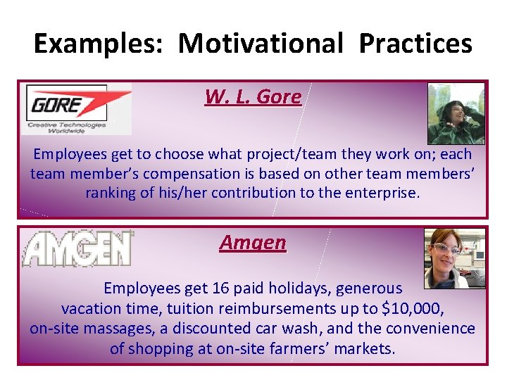 Examples: Motivational Practices W. L. Gore Employees get to choose what project/team they work