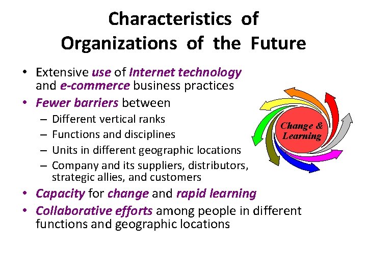 Characteristics of Organizations of the Future • Extensive use of Internet technology and e-commerce