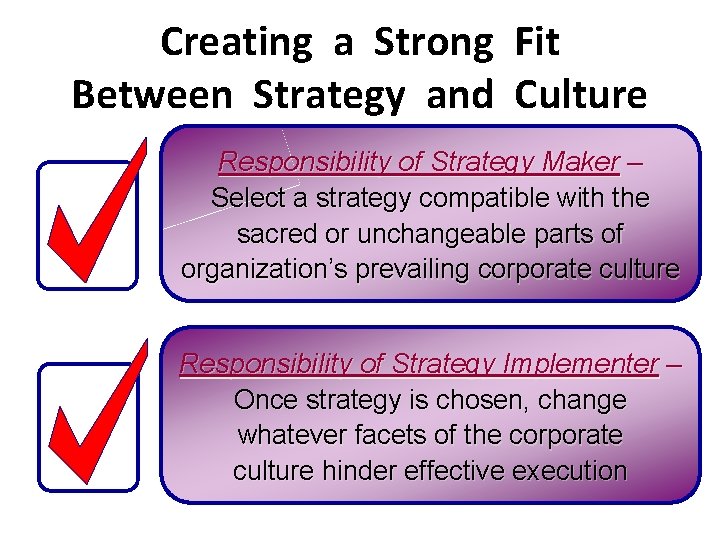 Creating a Strong Fit Between Strategy and Culture Responsibility of Strategy Maker – Select