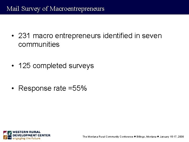 Mail Survey of Macroentrepreneurs • 231 macro entrepreneurs identified in seven communities • 125