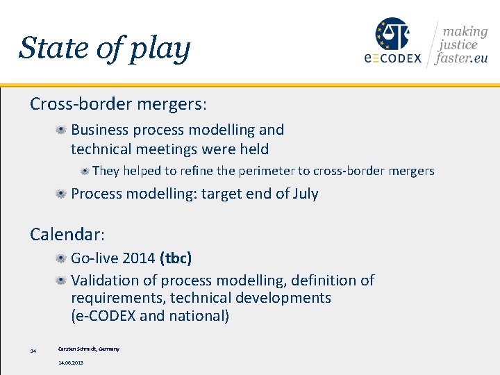 State of play Cross-border mergers: Business process modelling and technical meetings were held They