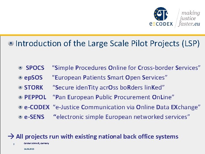 Introduction of the Large Scale Pilot Projects (LSP) SPOCS ep. SOS STORK PEPPOL e-CODEX