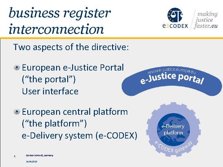 business register interconnection Two aspects of the directive: European e-Justice Portal (“the portal”) User