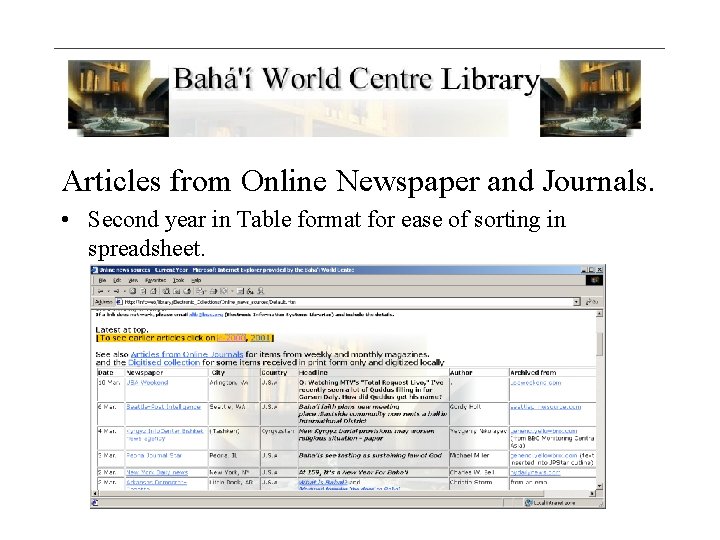 Articles from Online Newspaper and Journals. • Second year in Table format for ease