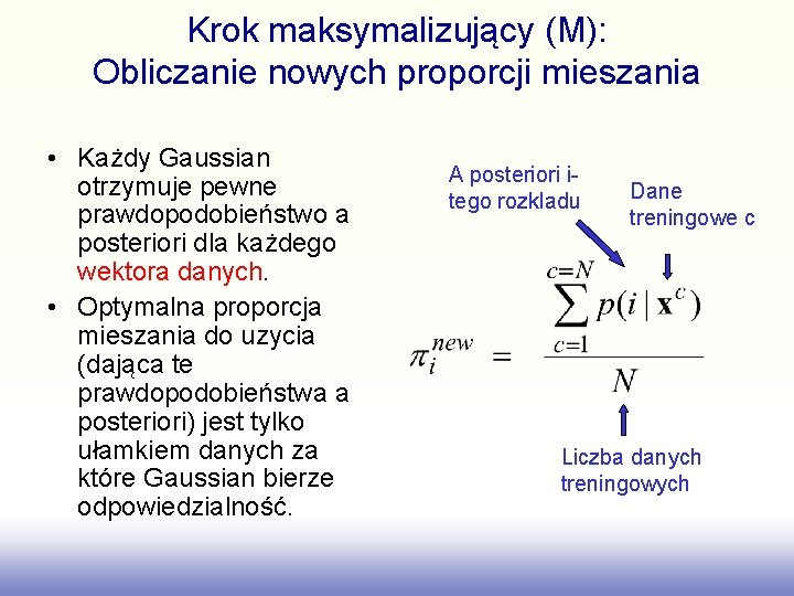 Krok maksymalizujący (M): Obliczanie nowych proporcji mieszania • Każdy Gaussian otrzymuje pewne prawdopodobieństwo a