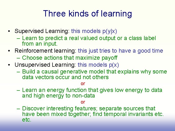 Three kinds of learning • Supervised Learning: this models p(y|x) – Learn to predict