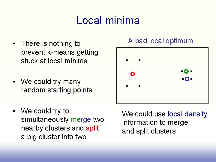 Local minima • There is nothing to prevent k-means getting stuck at local minima.