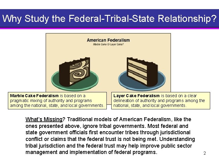 Why Study the Federal Tribal State Relationship? Marble Cake Federalism is based on a