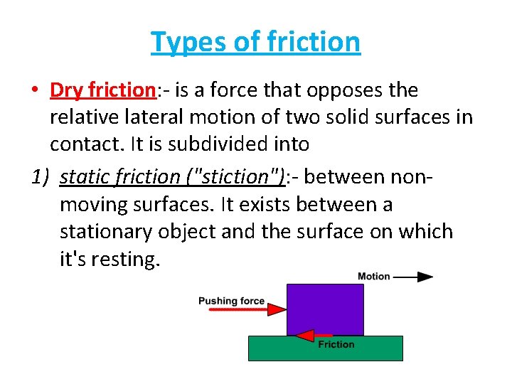 Types of friction • Dry friction: - is a force that opposes the relative