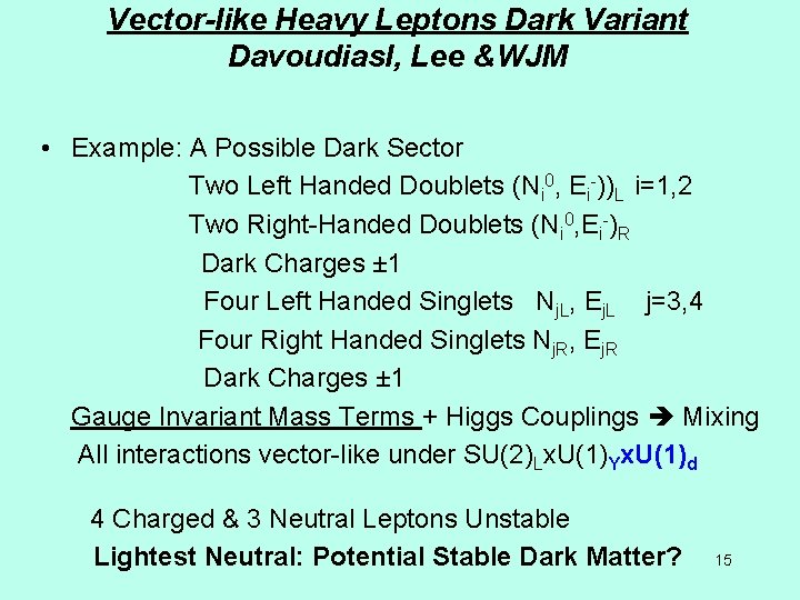 Vector-like Heavy Leptons Dark Variant Davoudiasl, Lee &WJM • Example: A Possible Dark Sector