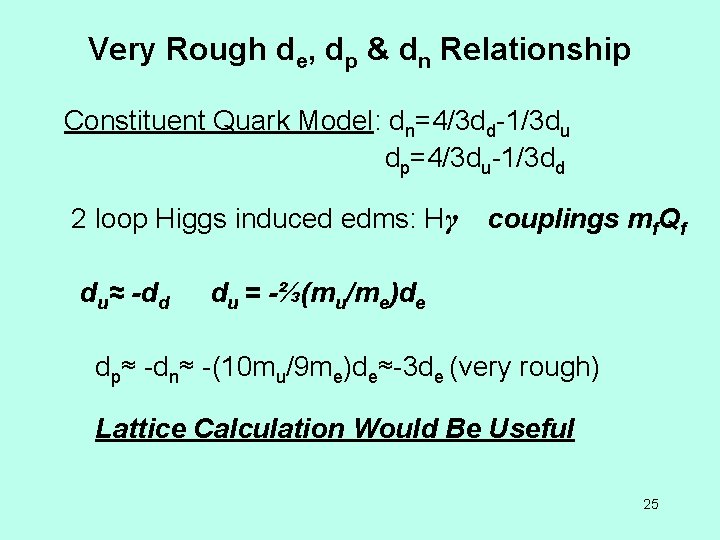 Very Rough de, dp & dn Relationship Constituent Quark Model: dn=4/3 dd-1/3 du dp=4/3