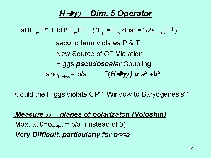 H γγ Dim. 5 Operator a. HFμνFμν + b. H*FμνFμν (*Fμν=Fμν dual =1/2εμναβFαβ) second