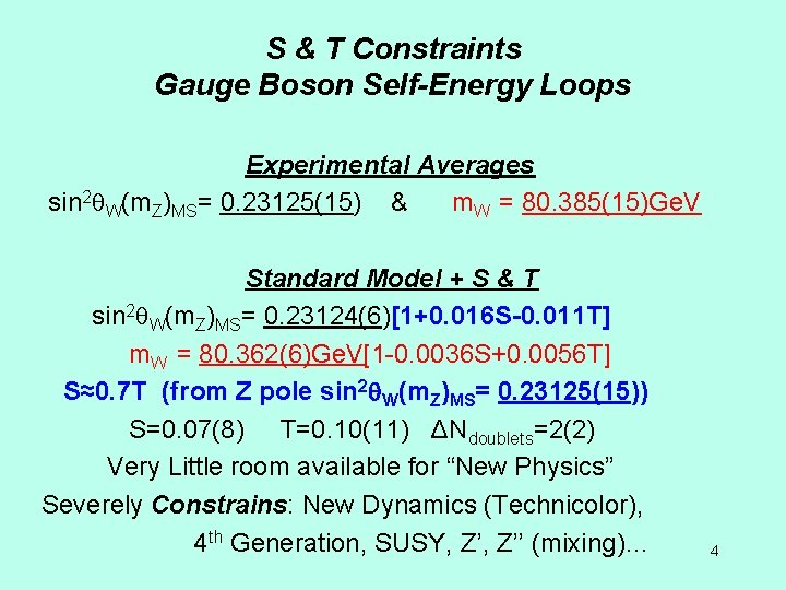 S & T Constraints Gauge Boson Self-Energy Loops Experimental Averages sin 2 W(m. Z)MS=