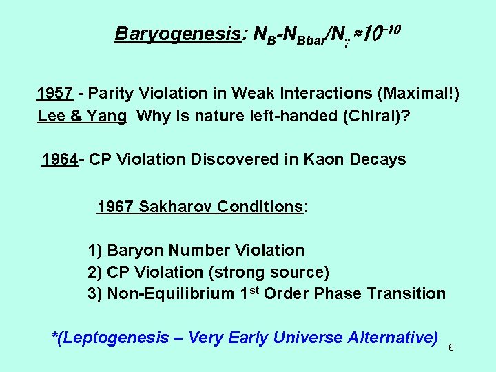 Baryogenesis: NB-NBbar/Nγ ≈10 -10 1957 - Parity Violation in Weak Interactions (Maximal!) Lee &