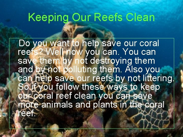 Keeping Our Reefs Clean Do you want to help save our coral reefs? Well