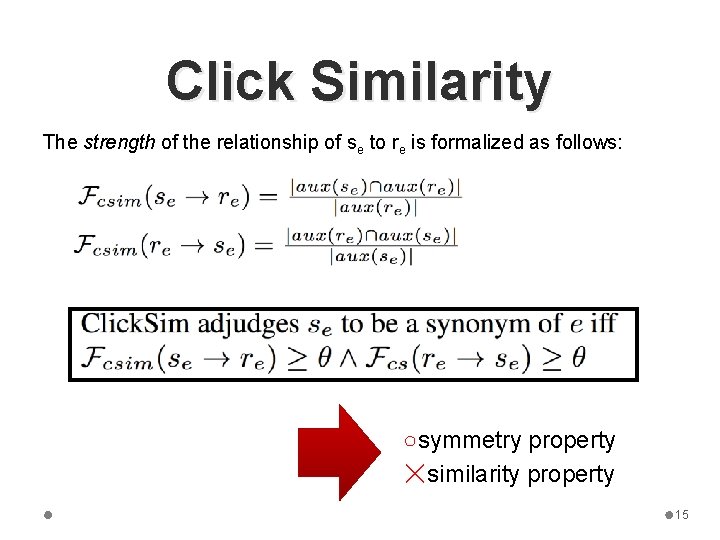 Click Similarity The strength of the relationship of se to re is formalized as