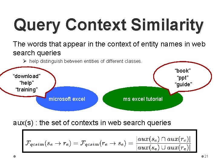 Query Context Similarity The words that appear in the context of entity names in