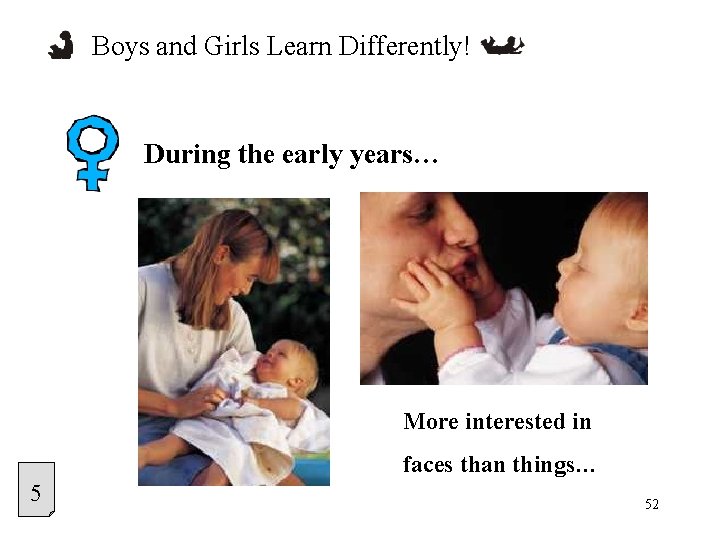 Boys and Girls Learn Differently! During the early years… More interested in faces than