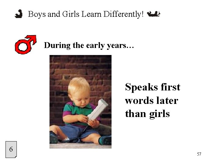 Boys and Girls Learn Differently! During the early years… Speaks first words later than