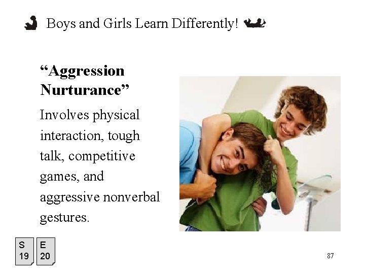 Boys and Girls Learn Differently! “Aggression Nurturance” Involves physical interaction, tough talk, competitive games,