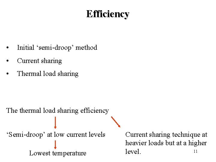 Efficiency • Initial ‘semi-droop’ method • Current sharing • Thermal load sharing The thermal