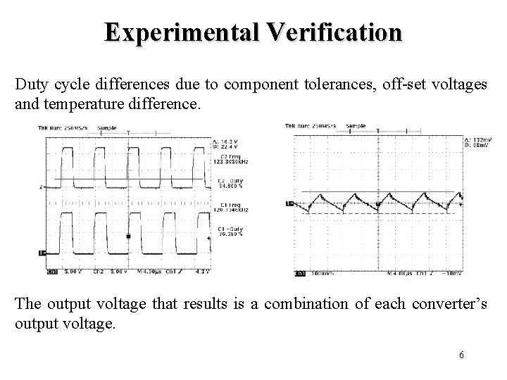 Experimental Verification Duty cycle differences due to component tolerances, off-set voltages and temperature difference.