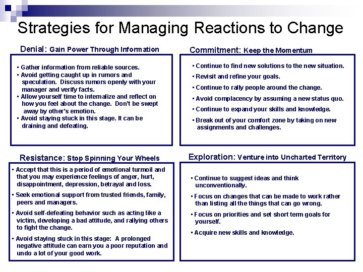 Strategies for Managing Reactions to Change Denial: Gain Power Through Information • Gather information