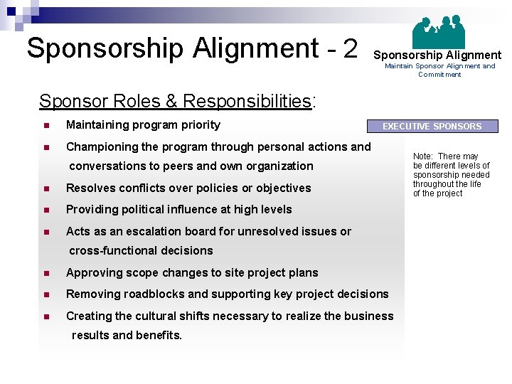 Sponsorship Alignment - 2 Sponsorship Alignment Maintain Sponsor Alignment and Commitment Sponsor Roles &