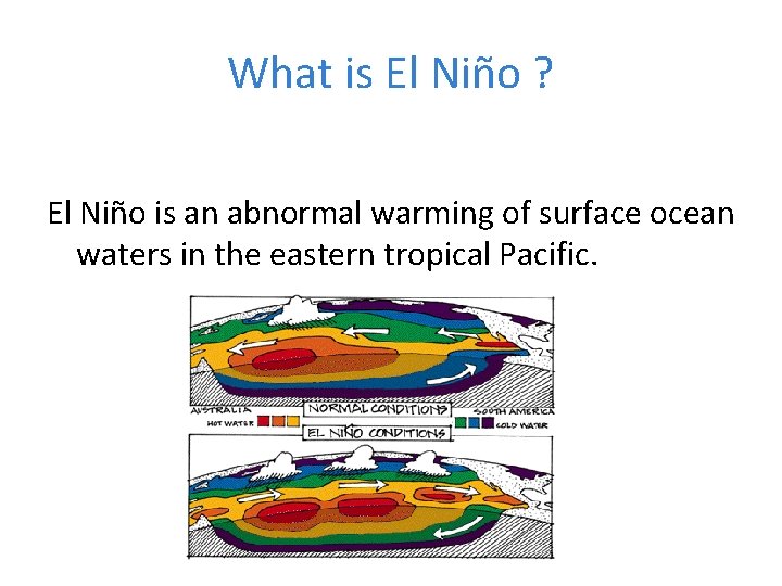 What is El Niño ? El Niño is an abnormal warming of surface ocean