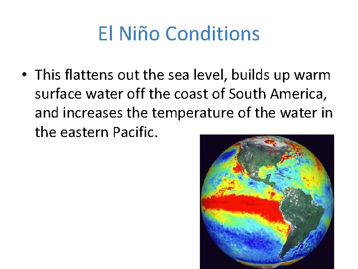 El Niño Conditions • This flattens out the sea level, builds up warm surface