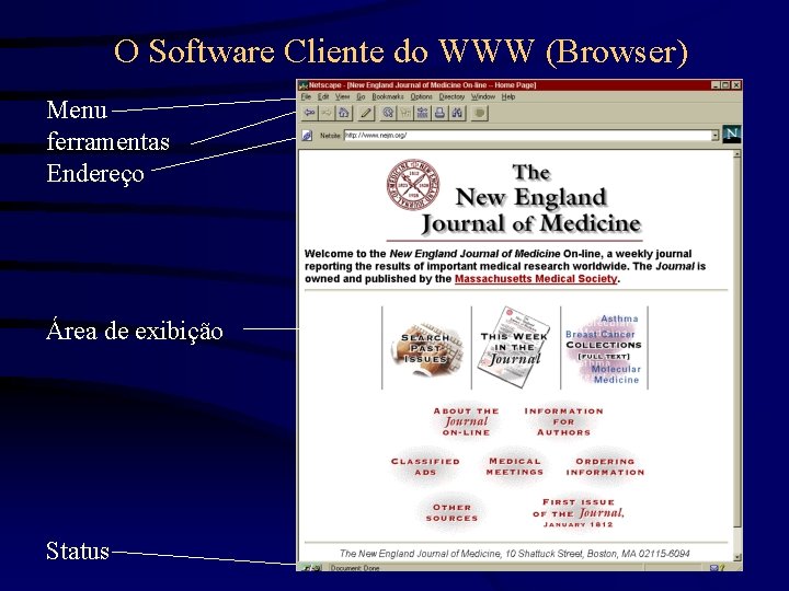 O Software Cliente do WWW (Browser) Menu ferramentas Endereço Área de exibição Status 
