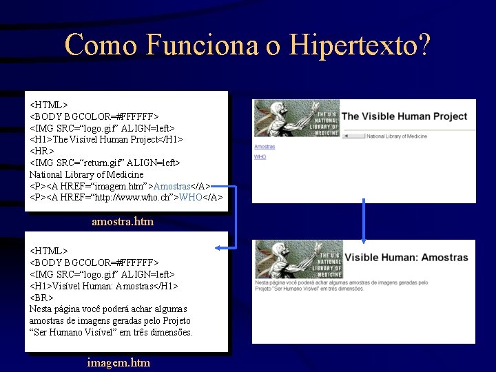 Como Funciona o Hipertexto? <HTML> <BODY BGCOLOR=#FFFFFF> <IMG SRC=“logo. gif” ALIGN=left> <H 1>The Visível