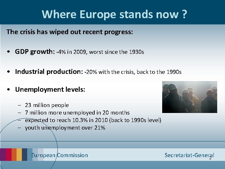 Where Europe stands now ? The crisis has wiped out recent progress: • GDP