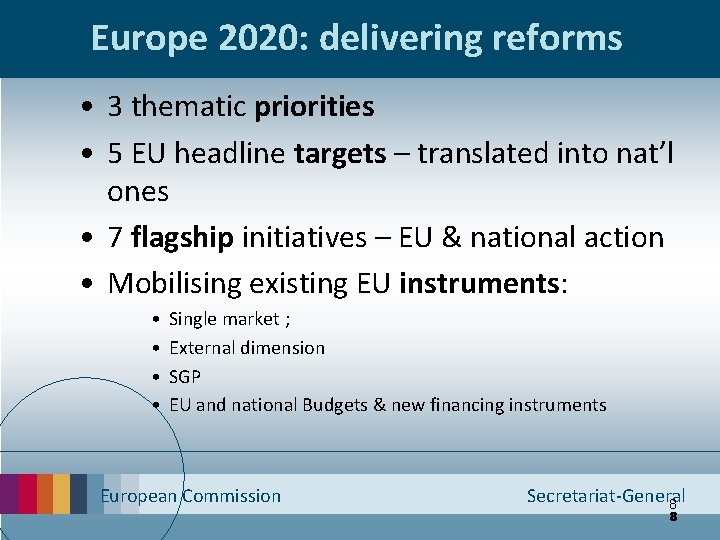 Europe 2020: delivering reforms • 3 thematic priorities • 5 EU headline targets –