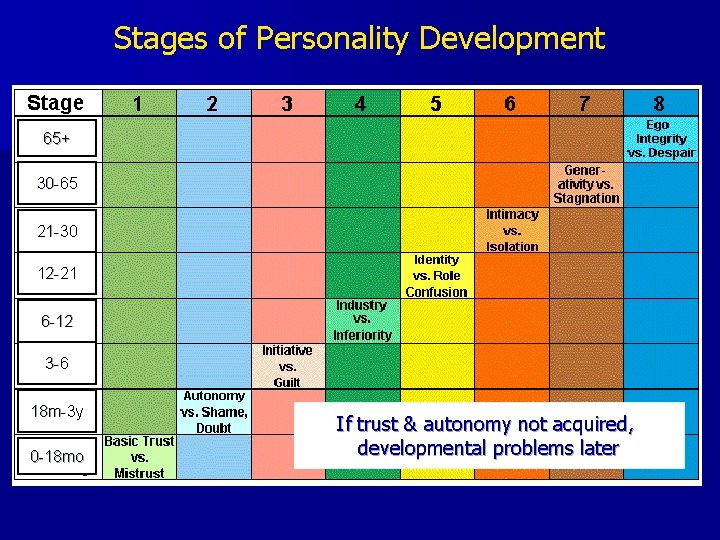 Stages of Personality Development 65+ 30 -65 21 -30 12 -21 6 -12 3