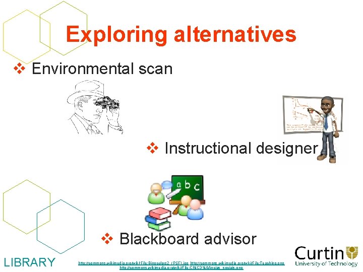 Exploring alternatives v Environmental scan v Instructional designer v Blackboard advisor LIBRARY http: //commons.