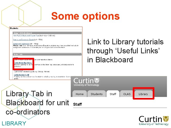 Some options Link to Library tutorials through ‘Useful Links’ in Blackboard Library Tab in