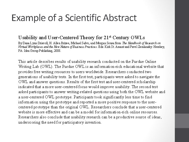 Example of a Scientific Abstract Usability and User-Centered Theory for 21 st Century OWLs