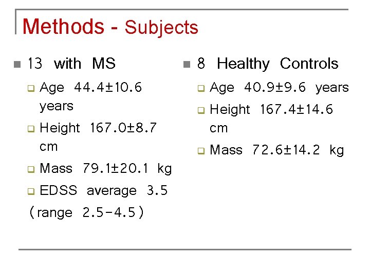 Methods - Subjects n 13 with MS Age 44. 4± 10. 6 years q