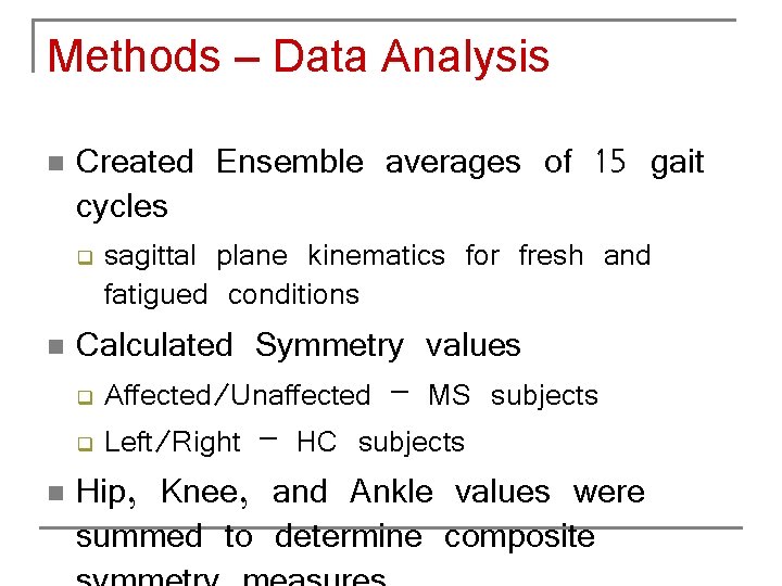 Methods – Data Analysis n Created Ensemble averages of 15 gait cycles q n