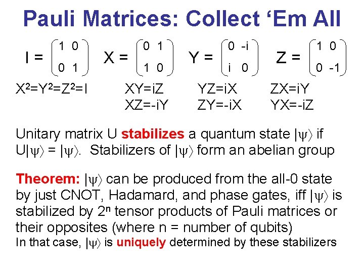 Pauli Matrices: Collect ‘Em All I= 1 0 0 1 X 2=Y 2=Z 2=I