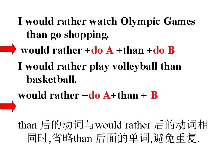 I would rather watch Olympic Games than go shopping. would rather +do A +than