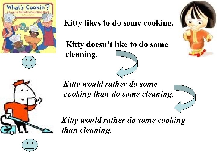 Kitty likes to do some cooking. Kitty doesn’t like to do some cleaning. Kitty