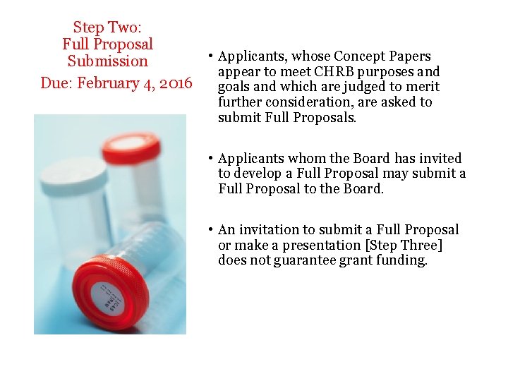 Step Two: Full Proposal • Applicants, whose Concept Papers Submission appear to meet CHRB